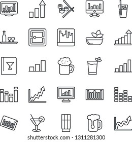 Thin Line Icon Set - growth statistic vector, monitor, barcode, equalizer, scanner, statistics, bar graph, alcohol, wine card, drink, cocktail, phyto, beer, salad, sushi