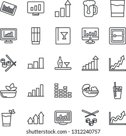 Thin Line Icon Set - growth statistic vector, monitor, barcode, equalizer, scanner, statistics, bar graph, alcohol, wine card, drink, phyto, beer, salad, sushi, arrow up