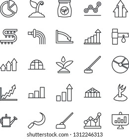 Thin Line Icon Set - growth statistic vector, watering can, sproute, hoe, sickle, greenhouse, fertilizer, drip irrigation, bar graph, pie, point, arrow up, crisis, presentation
