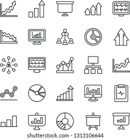 Thin Line Icon Set - growth statistic vector, hierarchy, presentation board, monitor, circle chart, pulse, clipboard, statistics, bar graph, pie, point, arrow up, crisis