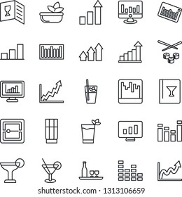 Thin Line Icon Set - growth statistic vector, monitor, barcode, equalizer, scanner, statistics, bar graph, alcohol, wine card, drink, cocktail, phyto, salad, sushi, arrow up