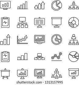 Thin Line Icon Set - growth statistic vector, hierarchy, presentation board, monitor, circle chart, pulse clipboard, statistics, bar graph, pie, point, arrow up