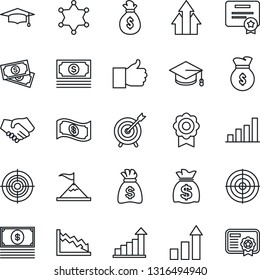 Thin Line Icon Set - growth statistic vector, graduate, money bag, cash, finger up, sertificate, bar graph, target, police, arrow, motivation, handshake, crisis, certificate