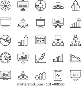 Thin Line Icon Set - growth statistic vector, hierarchy, presentation board, monitor, circle chart, pulse, clipboard, statistics, bar graph, pie, arrow up, crisis