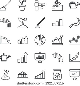 Thin Line Icon Set - growth statistic vector, seedling, watering can, sproute, hoe, sickle, greenhouse, fertilizer, drip irrigation, bar graph, pie, point, career ladder, arrow up, crisis