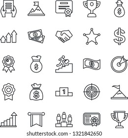 Thin Line Icon Set - growth statistic vector, dollar sign, pedestal, medal, money bag, document, cash, sertificate, target, career ladder, police, arrow up graph, motivation, handshake, pennon