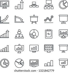 Thin Line Icon Set - growth statistic vector, hierarchy, presentation board, monitor, circle chart, pulse, clipboard, statistics, bar graph, pie, point, crisis