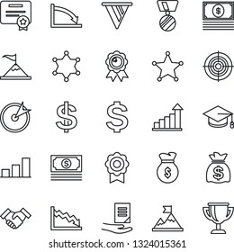 Thin Line Icon Set - growth statistic vector, dollar sign, medal, graduate, money bag, document, cash, sertificate, bar graph, target, handshake, police, motivation, pennon, crisis, certificate