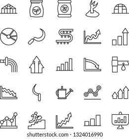 Thin Line Icon Set - growth statistic vector, watering can, sproute, sickle, greenhouse, fertilizer, drip irrigation, bar graph, pie, point, career ladder, arrow up, crisis, presentation