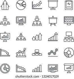 Thin Line Icon Set - growth statistic vector, hierarchy, presentation board, circle chart, monitor pulse, clipboard, statistics, bar graph, pie, point, arrow up, crisis