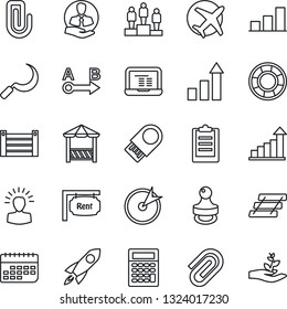 Thin Line Icon Set - growth statistic vector, pedestal, notebook pc, sickle, plane, client, term, container, route, clipboard, paper clip, bar graph, tray, stamp, rent, alcove, usb flash, target