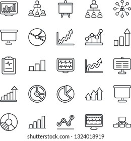 Thin Line Icon Set - growth statistic vector, hierarchy, presentation board, circle chart, monitor pulse, clipboard, statistics, bar graph, pie, point, arrow up