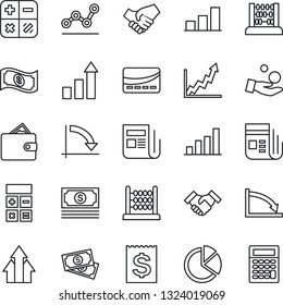 Thin Line Icon Set - growth statistic vector, calculator, abacus, crisis graph, cash, receipt, news, bar, pie, point, handshake, credit card, arrow up, wallet, investment