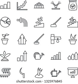 Thin Line Icon Set - growth statistic vector, seedling, watering can, sproute, hoe, sickle, greenhouse, fertilizer, drip irrigation, bar graph, pie, career ladder, arrow up, presentation