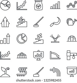 Thin Line Icon Set - growth statistic vector, watering can, sproute, hoe, sickle, greenhouse, fertilizer, drip irrigation, bar graph, pie, point, career ladder, arrow up, crisis, presentation