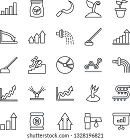 Thin Line Icon Set - growth statistic vector, seedling, watering, sproute, hoe, sickle, fertilizer, drip irrigation, bar graph, pie, point, career ladder, arrow up, crisis, presentation