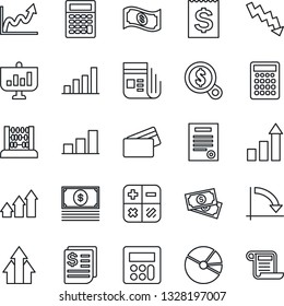 Thin Line Icon Set - growth statistic vector, calculator, abacus, crisis graph, cash, receipt, news, bar, pie, contract, credit card, arrow up, money search, presentation