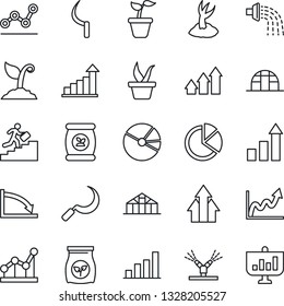 Thin Line Icon Set - growth statistic vector, seedling, watering, sproute, sickle, greenhouse, fertilizer, bar graph, pie, point, career ladder, irrigation, arrow up, crisis, presentation