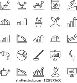 Thin Line Icon Set - growth statistic vector, seedling, watering can, sproute, hoe, sickle, greenhouse, fertilizer, bar graph, pie, point, career ladder, irrigation, arrow up, crisis, presentation