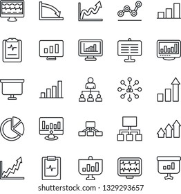 Thin Line Icon Set - growth statistic vector, hierarchy, presentation board, monitor, pulse, clipboard, statistics, bar graph, pie, point, arrow up, crisis