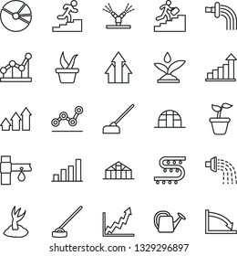 Thin Line Icon Set - growth statistic vector, seedling, watering can, sproute, hoe, greenhouse, drip irrigation, bar graph, pie, point, career ladder, arrow up, crisis
