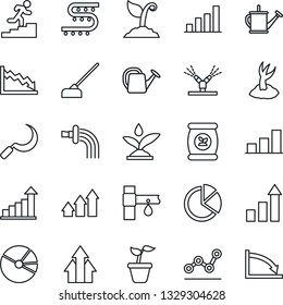 Thin Line Icon Set - growth statistic vector, seedling, watering can, sproute, hoe, sickle, fertilizer, drip irrigation, bar graph, pie, point, career ladder, arrow up, crisis