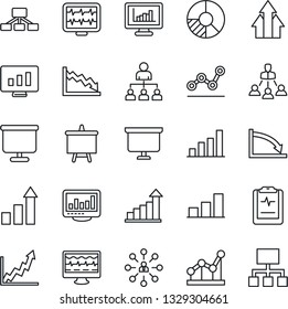 Thin Line Icon Set - growth statistic vector, hierarchy, presentation board, monitor, circle chart, pulse, clipboard, statistics, bar graph, point, arrow up, crisis