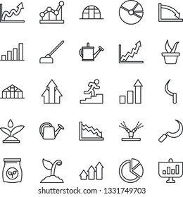 Thin Line Icon Set - growth statistic vector, seedling, watering can, sproute, hoe, sickle, greenhouse, fertilizer, bar graph, pie, point, career ladder, irrigation, arrow up, crisis, presentation