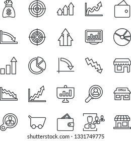 Thin Line Icon Set - growth statistic vector, money bag, crisis graph, store, monitor statistics, pie, hr, target, consumer search, arrow up, wallet, cart, presentation, storefront