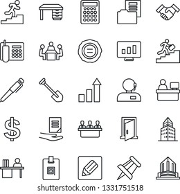 Thin Line Icon Set - growth statistic vector, dollar sign, desk, document, drawing pin, manager place, job, monitor, stamp, notes, office building, folder, identity card, phone, support, meeting