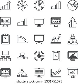 Thin Line Icon Set - growth statistic vector, hierarchy, presentation board, monitor, circle chart, pulse, clipboard, statistics, bar graph, pie, point, arrow up, crisis