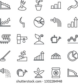 Thin Line Icon Set - growth statistic vector, seedling, watering can, sproute, hoe, sickle, greenhouse, fertilizer, drip irrigation, bar graph, pie, point, career ladder, crisis