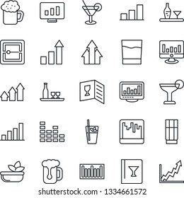 Thin Line Icon Set - growth statistic vector, monitor, barcode, equalizer, scanner, statistics, bar graph, alcohol, wine card, drink, cocktail, phyto, beer, salad, arrow up