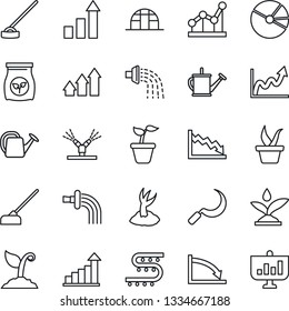 Thin Line Icon Set - growth statistic vector, seedling, watering can, sproute, hoe, sickle, greenhouse, fertilizer, drip irrigation, pie graph, point, arrow up, crisis, presentation