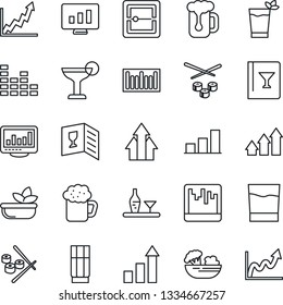 Thin Line Icon Set - growth statistic vector, monitor, barcode, equalizer, scanner, statistics, bar graph, alcohol, wine card, drink, cocktail, phyto, beer, salad, sushi, arrow up