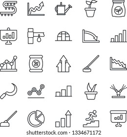 Thin Line Icon Set - growth statistic vector, seedling, watering can, hoe, sickle, greenhouse, fertilizer, drip irrigation, bar graph, pie, point, career ladder, arrow up, crisis, presentation