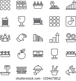 Thin Line Icon Set - growth statistic vector, seedling, glove, navigation, railroad, fragile, heavy scales, menu, music, paper binder, meeting, office building, flower in pot, city house, waiter
