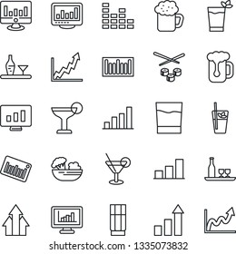 Thin Line Icon Set - growth statistic vector, monitor, barcode, equalizer, statistics, bar graph, alcohol, drink, cocktail, phyto, beer, salad, sushi, arrow up