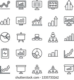 Thin Line Icon Set - growth statistic vector, hierarchy, presentation board, monitor, circle chart, pulse, clipboard, statistics, bar graph, pie, point, arrow up