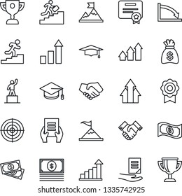 Thin Line Icon Set - growth statistic vector, pedestal, graduate, money bag, document, cash, sertificate, target, handshake, career ladder, arrow up graph, motivation, crisis, certificate, award cup