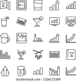 Thin Line Icon Set - growth statistic vector, monitor, barcode, equalizer, scanner, bar graph, alcohol, wine card, drink, cocktail, phyto, beer, sushi, arrow up