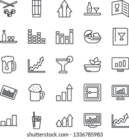 Thin Line Icon Set - growth statistic vector, monitor, barcode, equalizer, scanner, statistics, bar graph, alcohol, wine card, drink, cocktail, phyto, beer, salad, sushi, arrow up