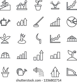 Thin Line Icon Set - growth statistic vector, seedling, watering can, sproute, hoe, sickle, greenhouse, bar graph, pie, point, career ladder, irrigation, arrow up, crisis