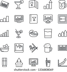 Thin Line Icon Set - growth statistic vector, monitor, barcode, scanner, statistics, bar graph, wine card, drink, cocktail, phyto, beer, salad, sushi, arrow up