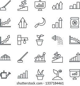 Thin Line Icon Set - growth statistic vector, seedling, watering can, sproute, hoe, sickle, greenhouse, fertilizer, drip irrigation, bar graph, point, career ladder, arrow up, crisis, presentation