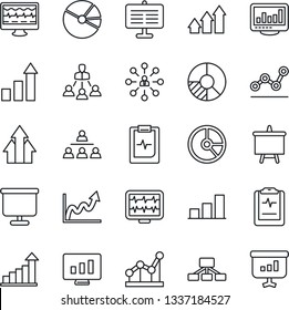 Thin Line Icon Set - growth statistic vector, hierarchy, presentation board, monitor, circle chart, pulse, clipboard, statistics, bar graph, pie, point, arrow up