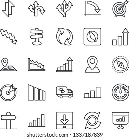 Thin Line Icon Set - growth statistic vector, crisis graph, route, signpost, navigation, sorting, update, data exchange, download, compass, bar, moving, target, clock, presentation