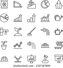 Thin Line Icon Set - growth statistic vector, seedling, watering can, sproute, hoe, greenhouse, fertilizer, drip irrigation, pie graph, point, career ladder, arrow up, crisis, presentation