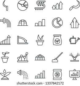 Thin Line Icon Set - growth statistic vector, seedling, watering can, hoe, sickle, greenhouse, fertilizer, drip irrigation, bar graph, pie, point, arrow up, crisis, presentation