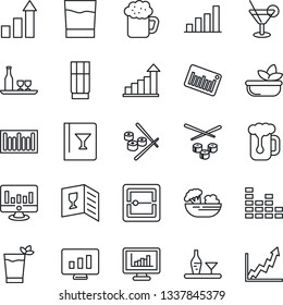 Thin Line Icon Set - growth statistic vector, monitor, barcode, equalizer, scanner, statistics, bar graph, alcohol, wine card, drink, cocktail, phyto, beer, salad, sushi